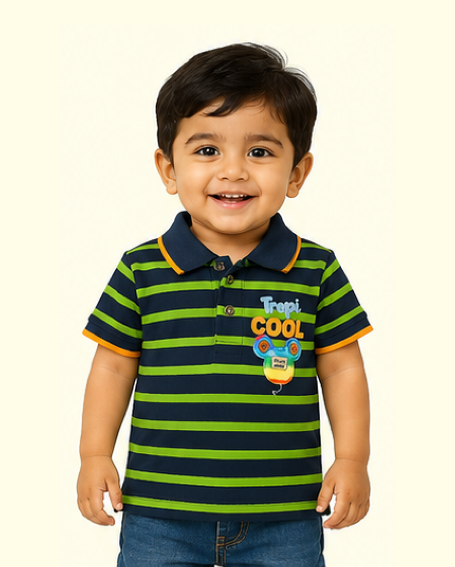 Navy & Green Striped Polo Kids T-Shirt with Graphic Print – Soft Cotton Summer Wear for Boys BloomUp