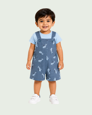 Baby Dusty Blue Whale Print Dungaree Romper Set with T-Shirt BloomUp