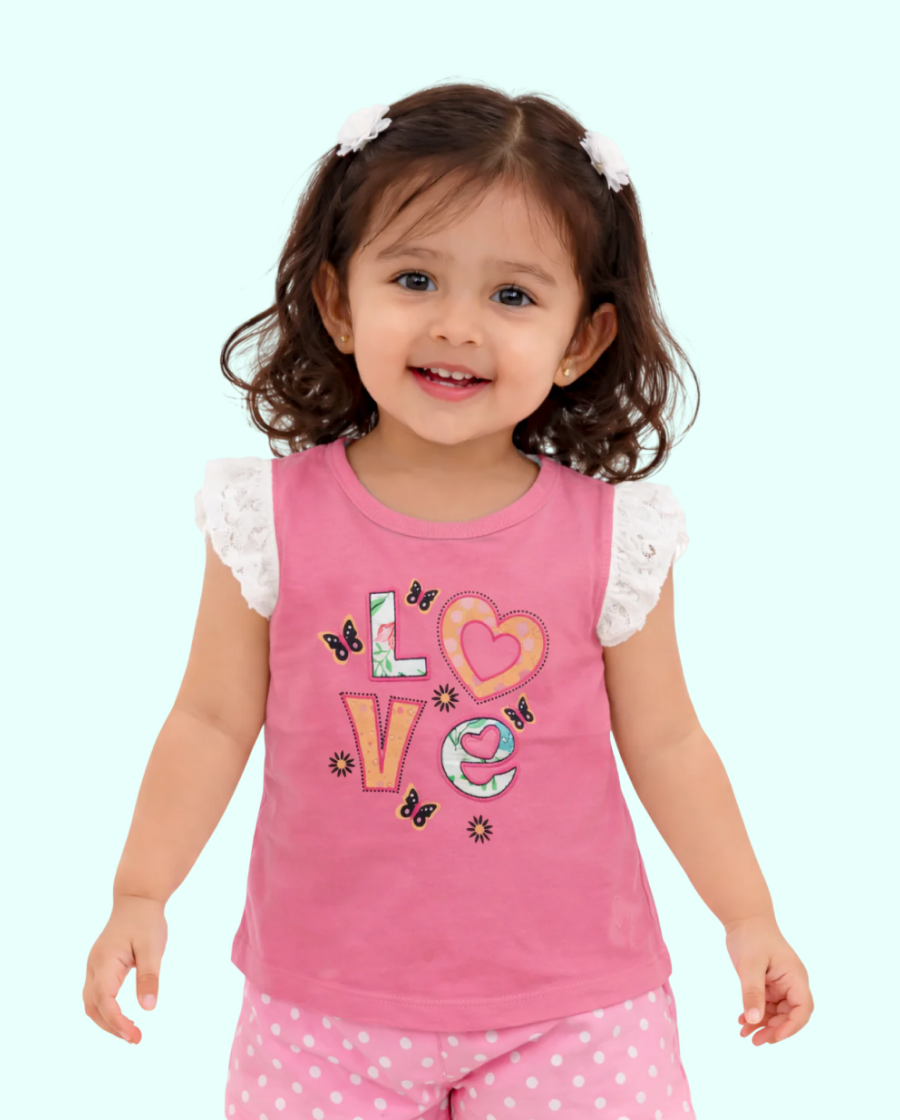Pink “Love” Graphic Sleeveless Kids T-Shirt – Soft Cotton Lace Shoulder Summer Wear for Girls BloomUp