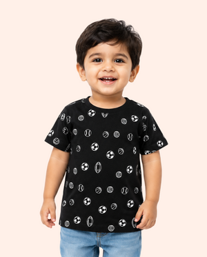 Black All-Over Printed Kids T-Shirt – Soft Cotton Casual Summer Wear for Boys BloomUp