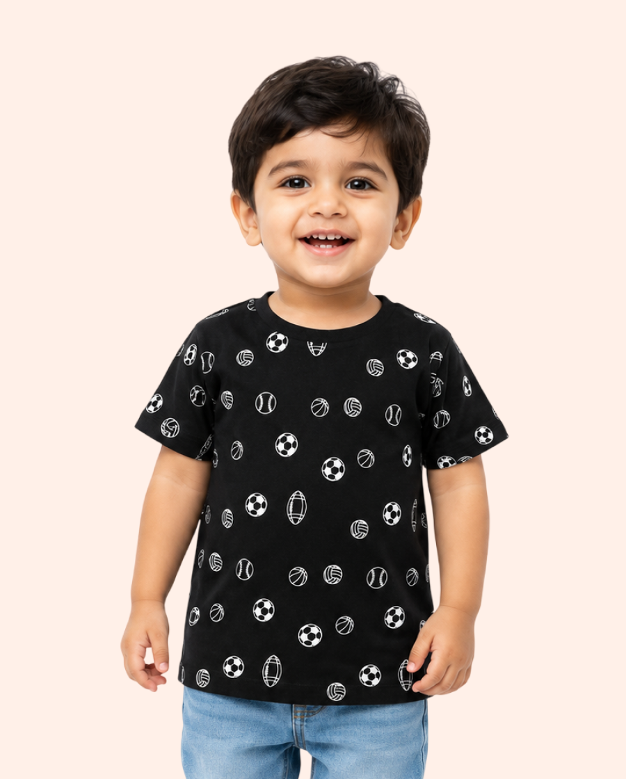 Black All-Over Printed Kids T-Shirt – Soft Cotton Casual Summer Wear for Boys BloomUp