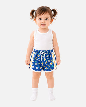 Girls Navy Blue Daisy Print Drawstring Shorts BloomUp