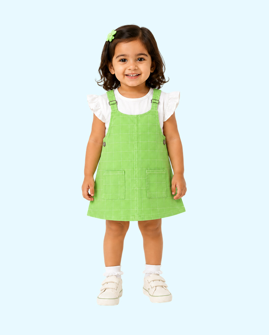 Baby Girls Lime Green Pinafore Dress Set with White Full Sleeve Top BloomUp