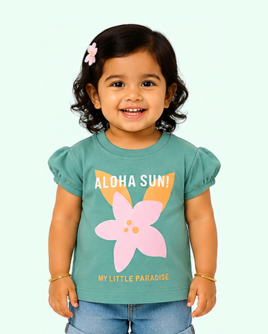Green Aloha Fun Floral Kids T-Shirt – Soft Cotton Summer Wear Girls Casual Top BloomUp