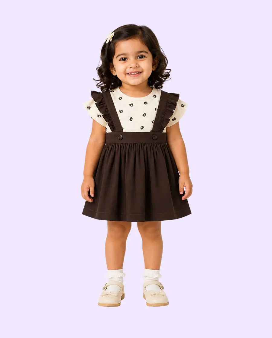 Baby Girls Brown Pinafore Dress with Ruffle Straps & Printed Tee Set