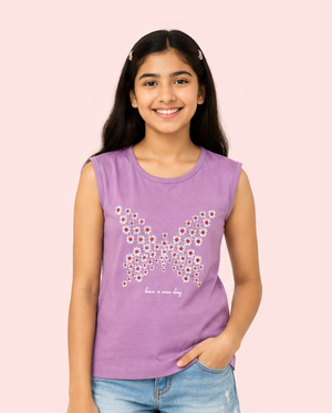 Lavender Floral Butterfly Graphic Sleeveless Top for Girls – Soft Cotton Summer Wear Kids Tank Top BloomUp