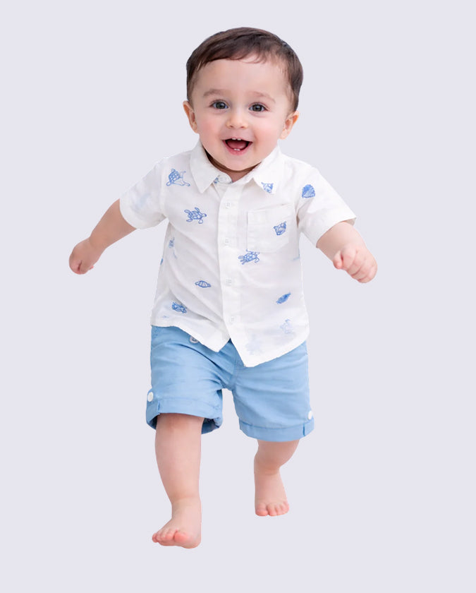 White Embroidery Shirt & Blue Shorts Kids Co-ord Set – Soft Cotton Summer Wear for Boys BloomUp