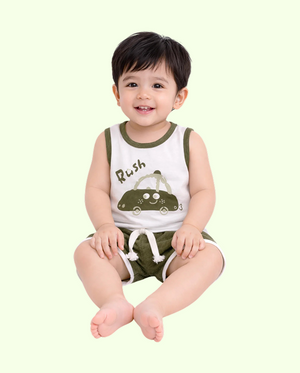 Olive Green Car Print Sleeveless Kids Co-ord Set – Soft Cotton Summer Wear for Boys BloomUp