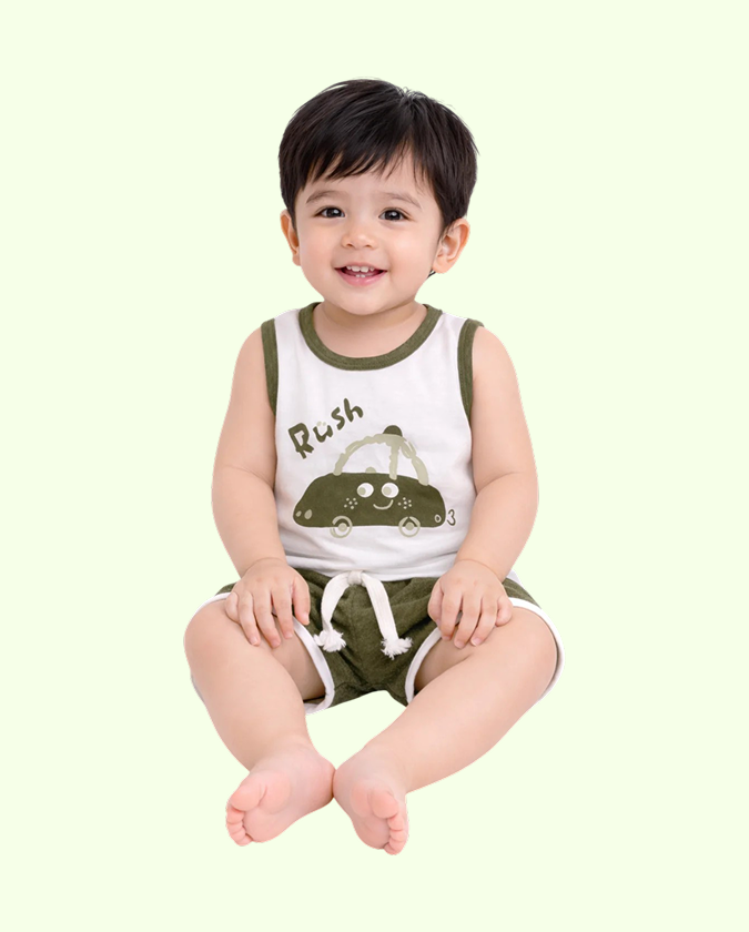 Olive Green Car Print Sleeveless Kids Co-ord Set – Soft Cotton Summer Wear for Boys BloomUp