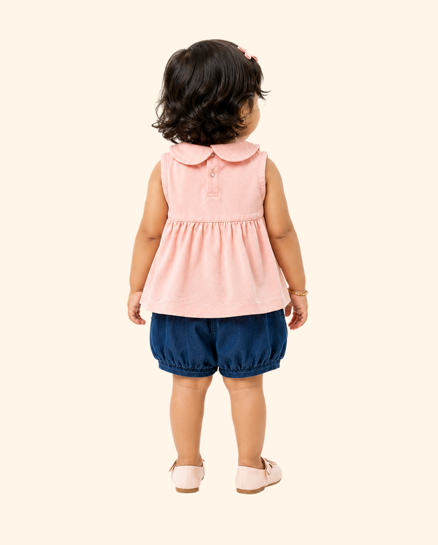 Peach Smocked Top & Denim Shorts Kids Co-ord Set – Soft Cotton Summer Outfit for Girls BloomUp