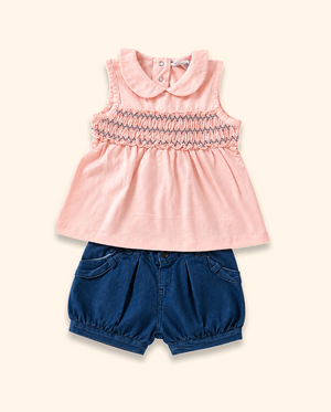 Peach Smocked Top & Denim Shorts Kids Co-ord Set – Soft Cotton Summer Outfit for Girls BloomUp