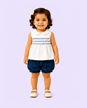 White Smocked Top & Denim Shorts Kids Co-ord Set – Soft Cotton Summer Outfit for Girls BloomUp
