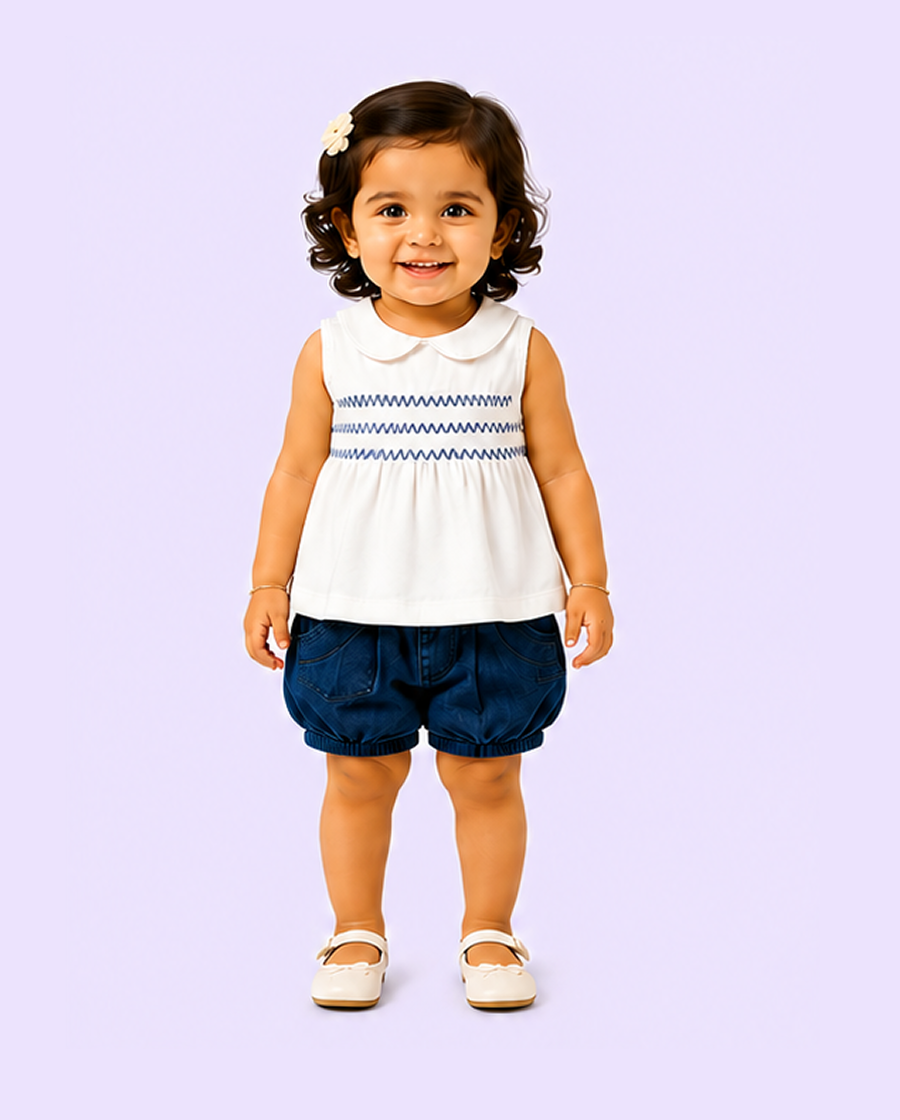 White Smocked Top & Denim Shorts Kids Co-ord Set – Soft Cotton Summer Outfit for Girls BloomUp