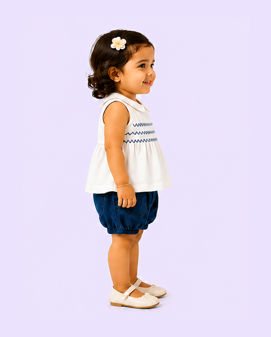 White Smocked Top & Denim Shorts Kids Co-ord Set – Soft Cotton Summer Outfit for Girls BloomUp