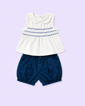White Smocked Top & Denim Shorts Kids Co-ord Set – Soft Cotton Summer Outfit for Girls BloomUp