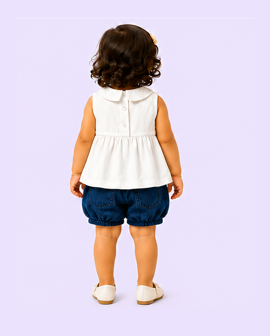 White Smocked Top & Denim Shorts Kids Co-ord Set – Soft Cotton Summer Outfit for Girls BloomUp
