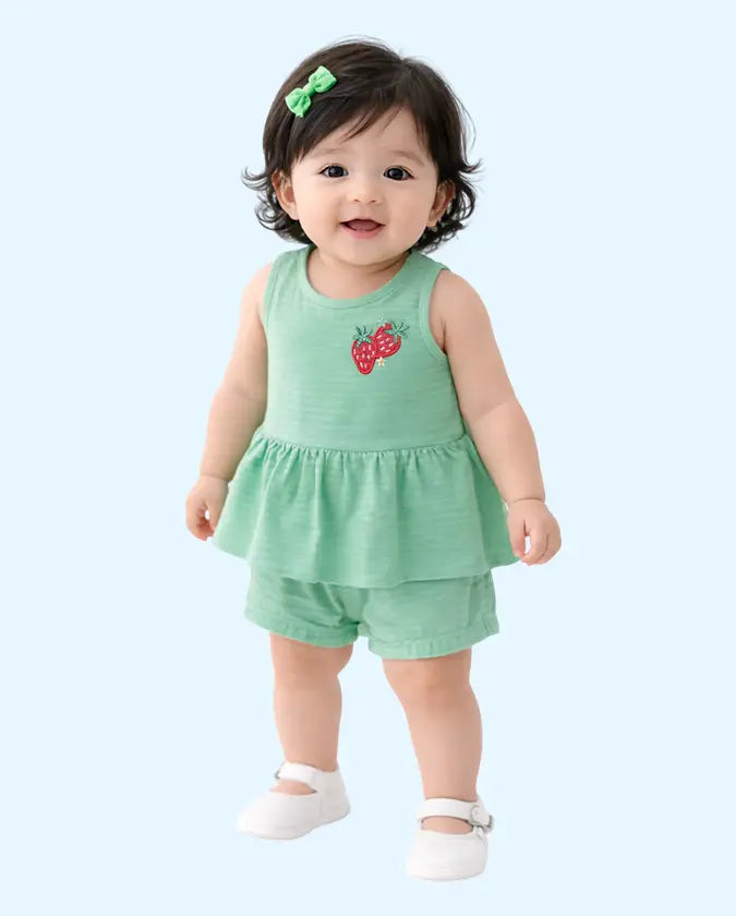Bloomup Baby Girls Mint Green Dress with Strawberry Embroidery and Matching Shorts Bloom Up