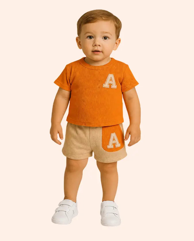 Bloomup Baby Boys Cotton Ribbed T-Shirt & Shorts Set – Letter A Toddler Co-Ord Summer Outfit | Soft Kids Casual Wear Bloom Up