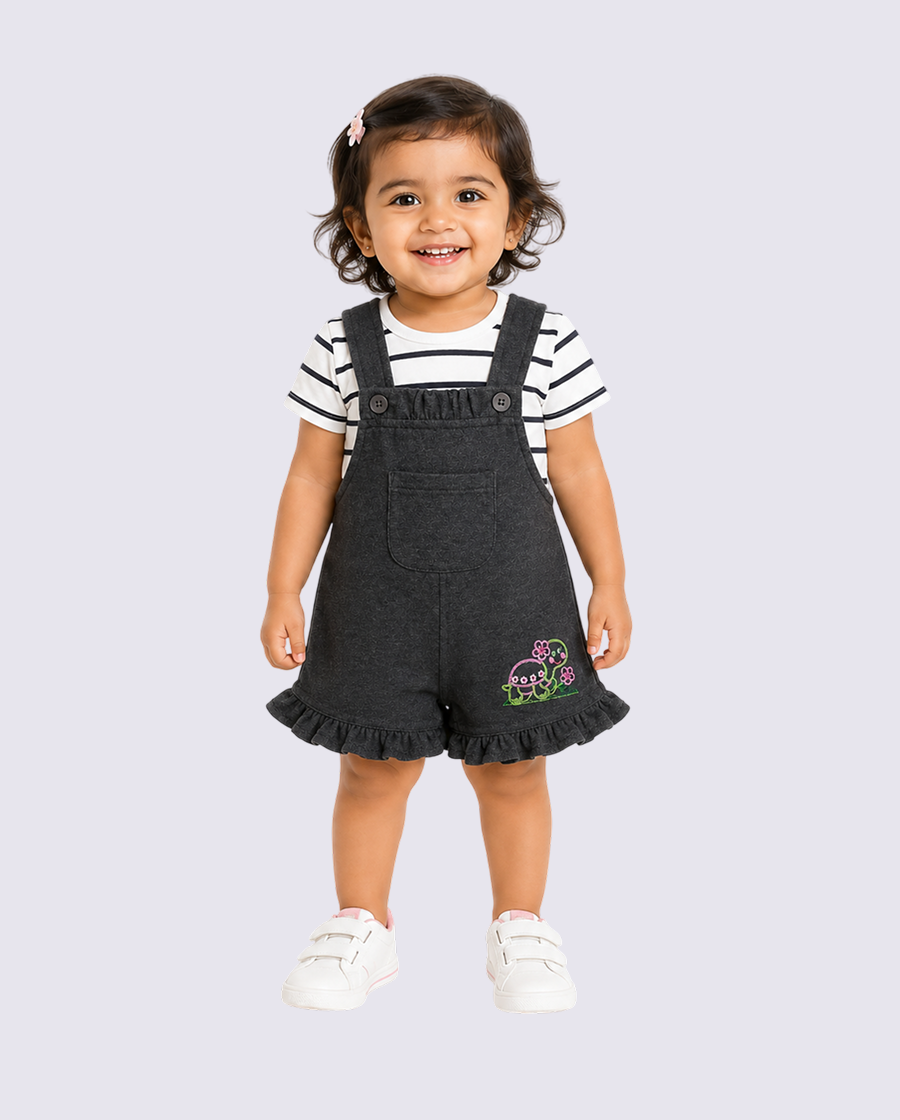 Baby Girls Charcoal Grey Dungaree Romper Set with Striped T-Shirt BloomUp