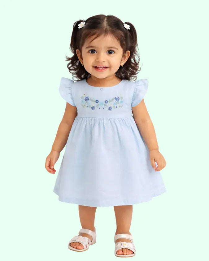Bloomup Baby Girl Sky Blue Dress with Floral Embroidery - Adorable & Comfortable Bloom Up