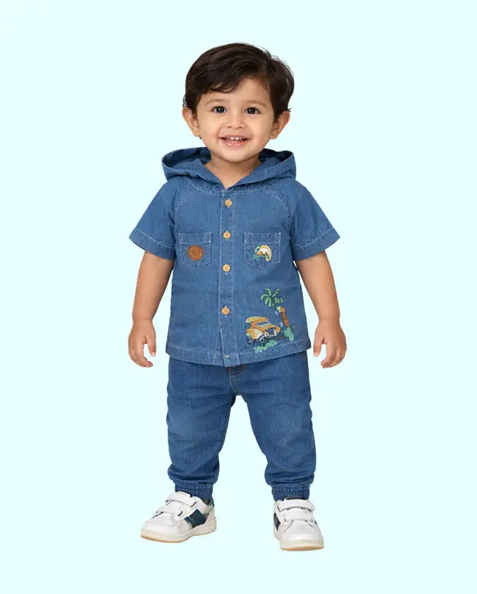Bloomup Kids Denim Hoodie Set - Embroidered Button-Up Shirt and Elastic Waist Pants Bloom Up