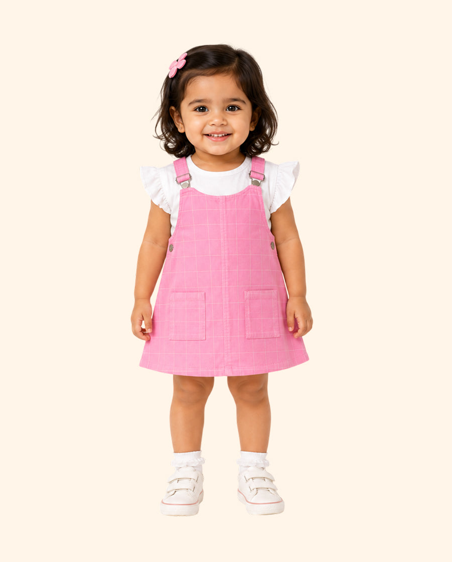 Baby Girls Pink Checkered Pinafore Dress Set with Ruffle Sleeve Top BloomUp