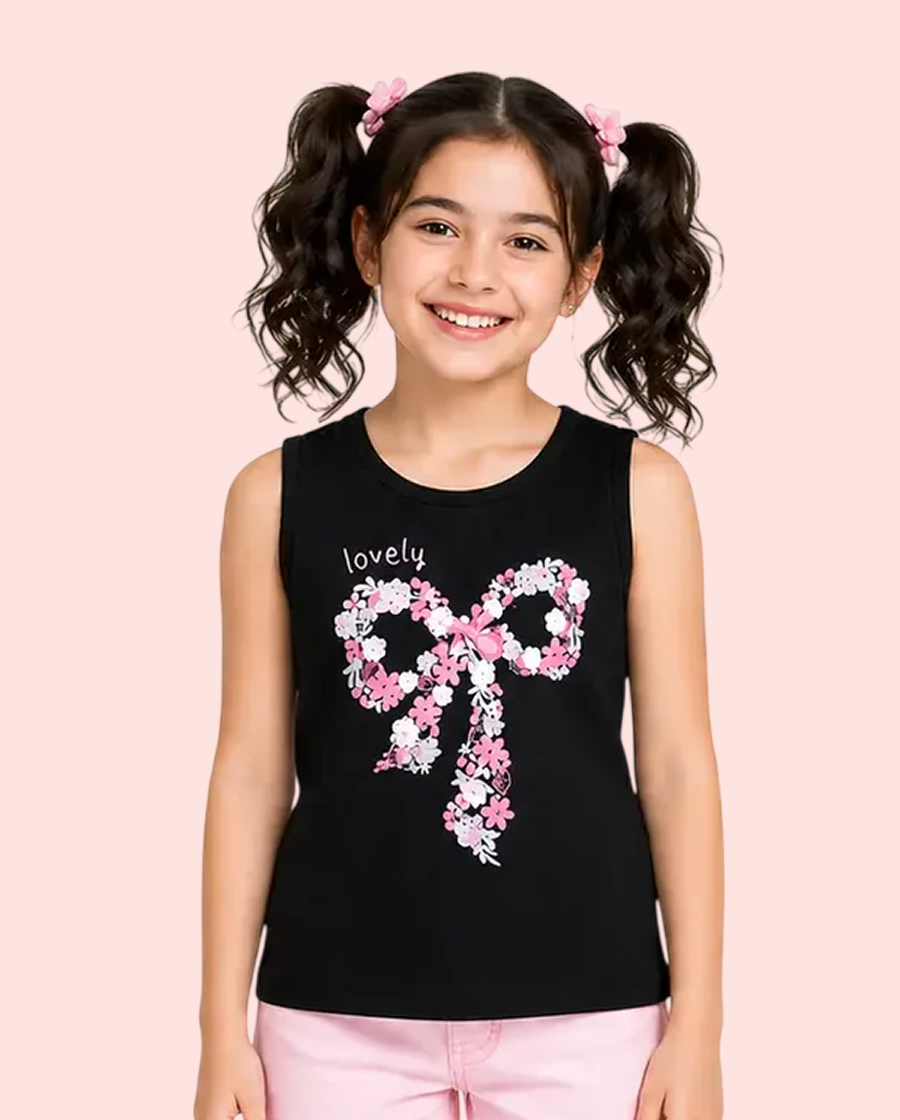 Black Lovely Floral Bow Sleeveless Top for Girls – Soft Cotton Summer Wear Kids Tank Top BloomUp