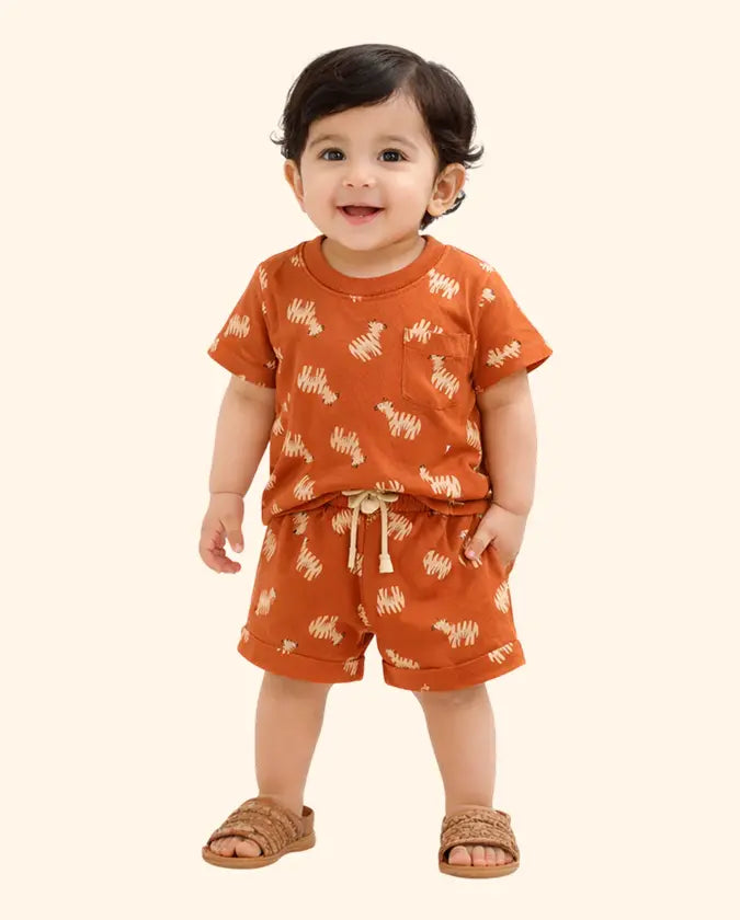 Bloomup Baby Boys Burnt Orange Animal Print Cotton T-Shirt & Shorts Set Bloom Up