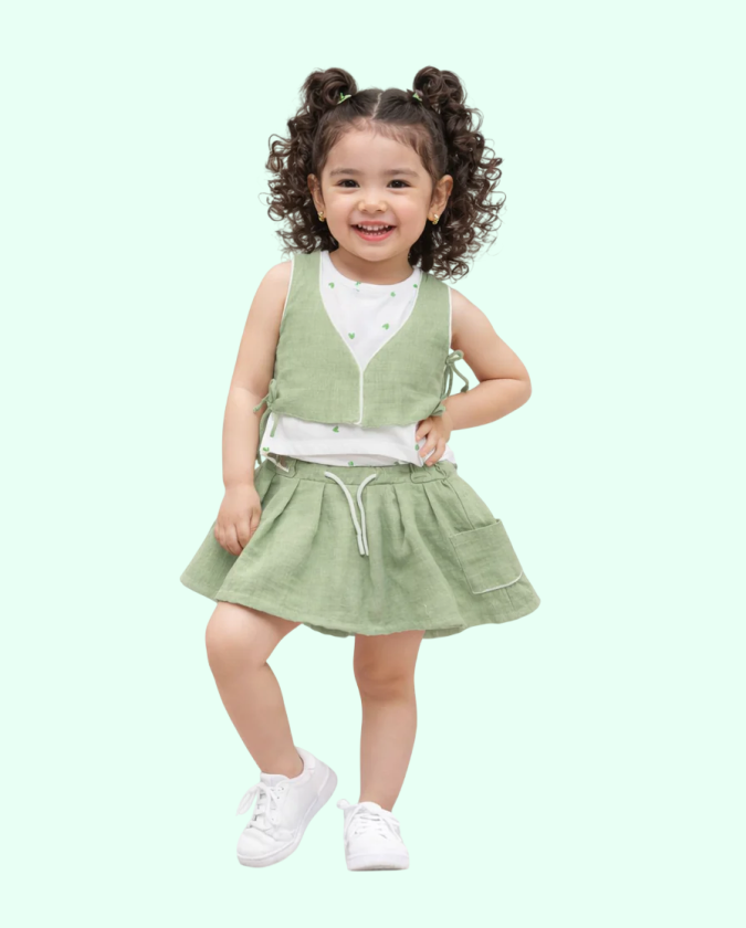 Ice Green Girls Co-ord Set – Soft Cotton Tie-Up Top & Skirt Summer Outfit BloomUp