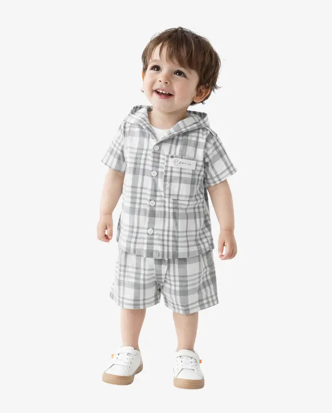 Bloomup Baby Boys Grey Check Hooded Shirt & Shorts Set – Cotton Summer Co-Ord Outfit for Toddlers Bloom Up