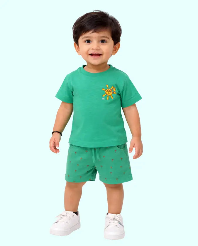 Bloomup Baby Boys Cotton T-Shirt & Shorts Set – Cute Sun Print Toddler Co-Ord Summer Outfit | Soft Kids Casual Bloom Up