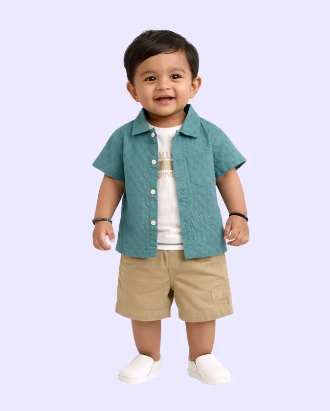 Bloomup Boys Teal Textured Shirt with T-Shirt & Beige Shorts Set | Bloom Up