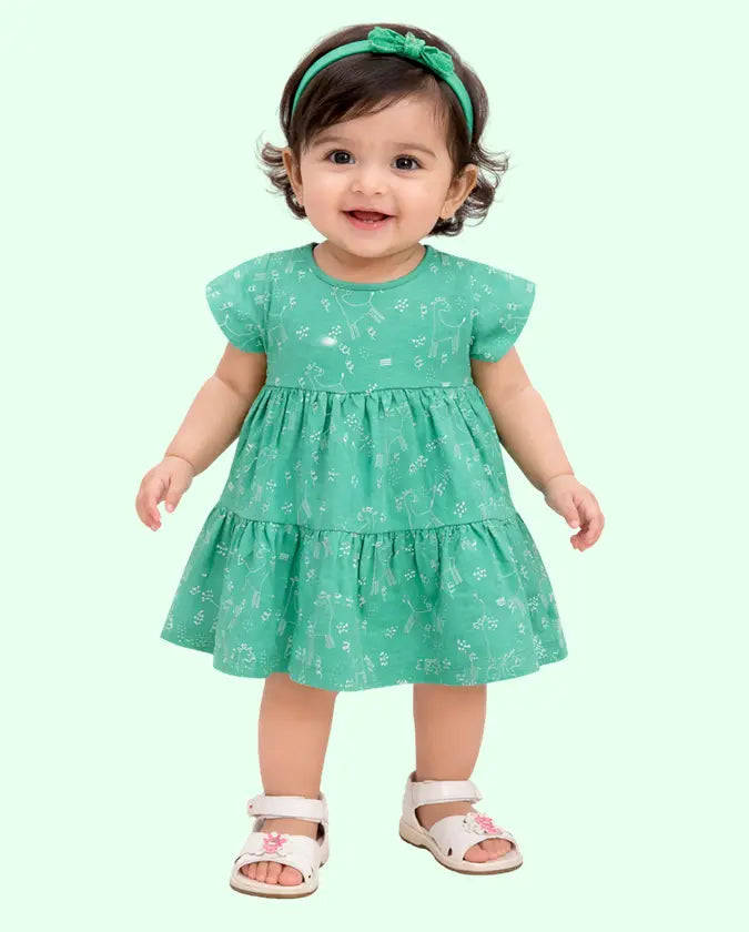 Bloomup Baby Girls Green Giraffe Print Cotton Dress – Cute Tiered Summer Casual Kids Dress Bloom Up