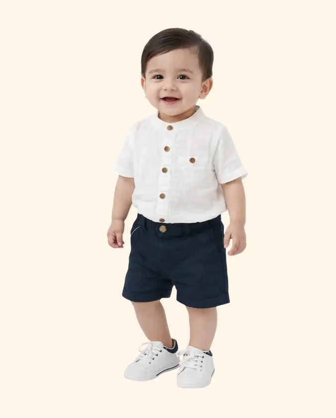 Bloomup Baby Boys White Mandarin Collar Shirt & Navy Shorts Set – Cotton Summer Co-Ord Outfit Bloom Up