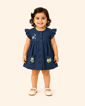 Navy Blue Embroidered Button-Front Kids Dress – Soft Cotton Summer Wear for Girls BloomUp