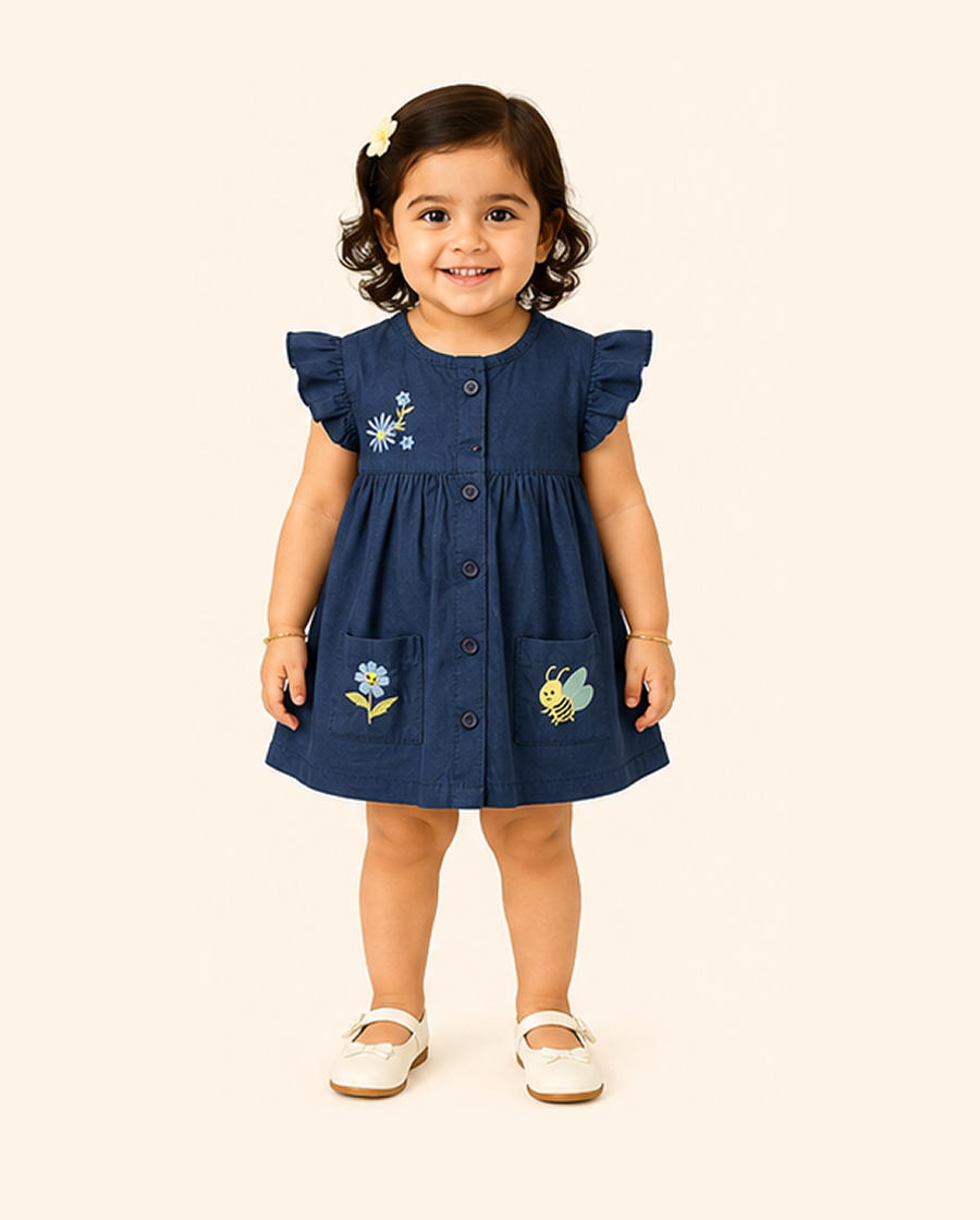 Navy Blue Embroidered Button-Front Kids Dress – Soft Cotton Summer Wear for Girls BloomUp