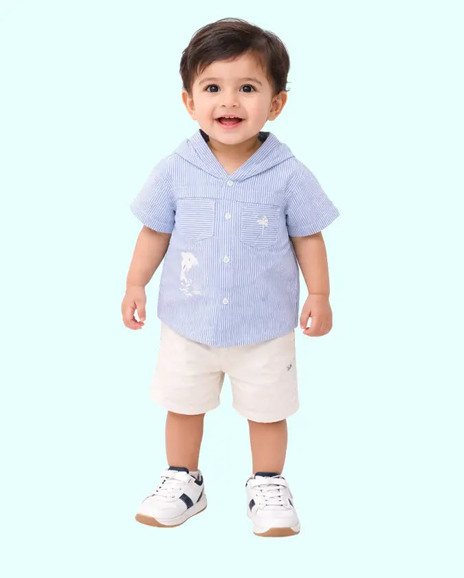 Bloomup Baby Boys Striped Hooded Shirt & White Shorts Set – Cotton Summer Co-Ord Outfit Bloom Up