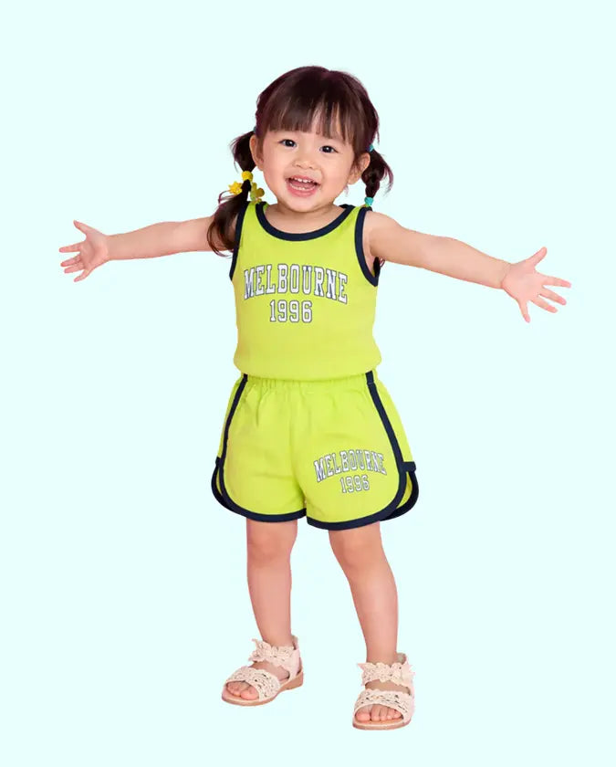 Bloomup Kids Lime Green Ribbed Tank Top & Shorts Set – Melbourne 1996 Summer Co-Ord Outfit Bloom Up