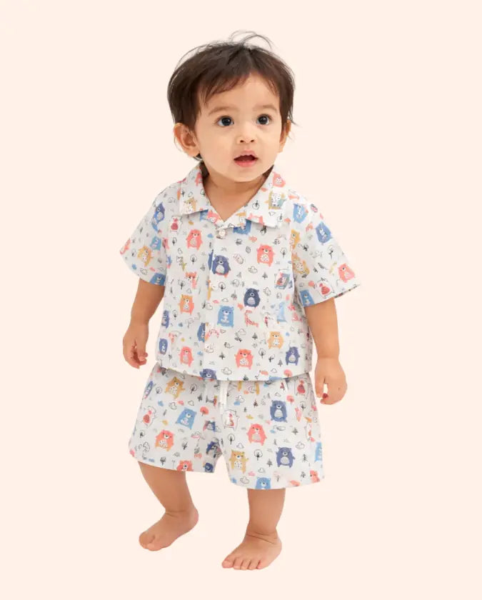 Bloomup Baby Boys Cartoon Bear Printed Co-Ord Set – Soft Cotton Half Sleeve Shirt & Shorts Set for Toddlers Bloom Up