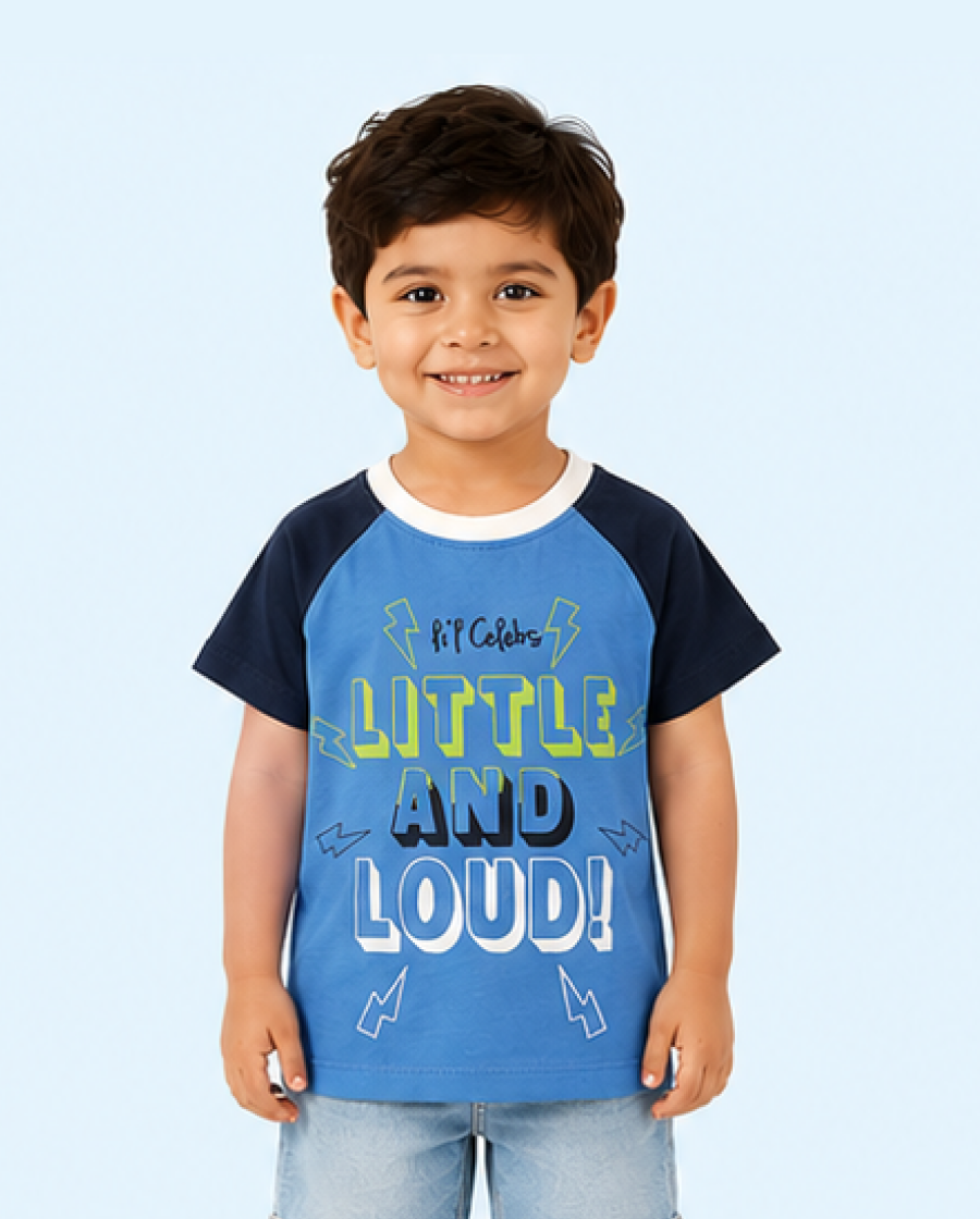 Blue Graphic Raglan Kids T-Shirt – “Little and Loud” Soft Cotton Summer Wear for Boys BloomUp