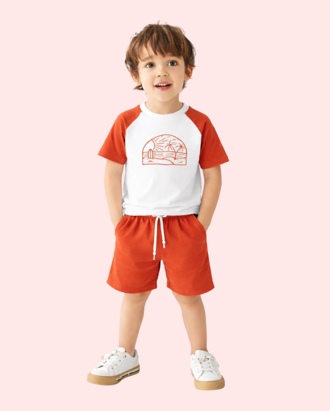 Rust Raglan Sleeve Kids Co-ord Set – Soft Cotton T-Shirt & Shorts Summer Wear for Boys BloomUp