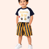 White Graphic T-Shirt & Mustard Striped Shorts Co-ord Set for Boys – Soft Cotton Summer Kids Outfit