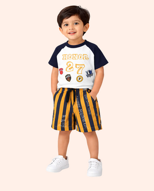 White Graphic T-Shirt & Mustard Striped Shorts Co-ord Set for Boys – Soft Cotton Summer Kids Outfit BloomUp