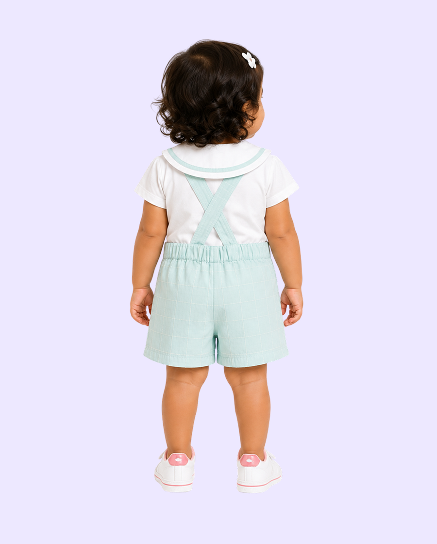 Baby Girls Mint Green Dungaree Shorts Set with Peter Pan Collar Shirt BloomUp