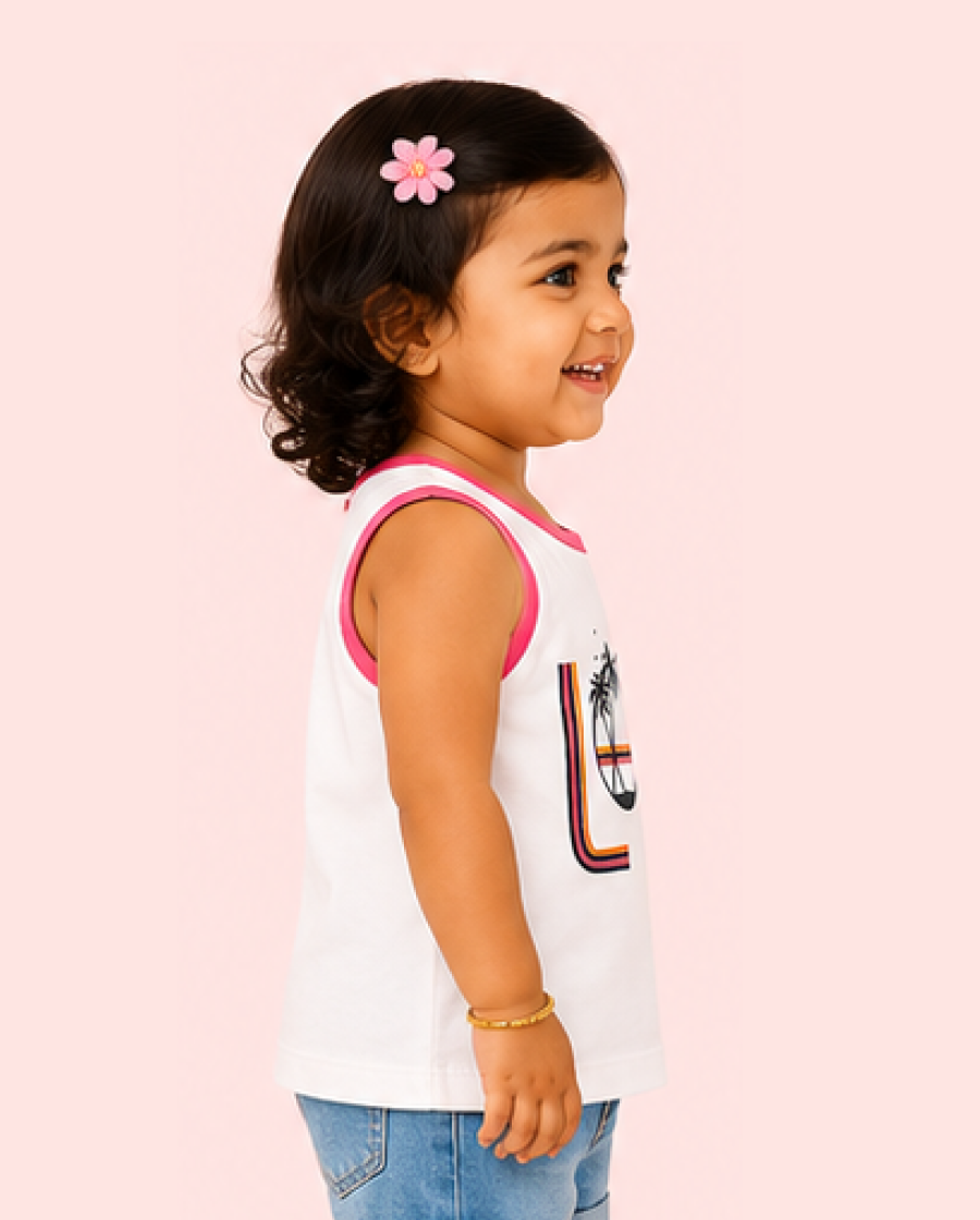 White Love Graphic Sleeveless Top for Girls – Soft Cotton Summer Wear Kids Tank Top BloomUp