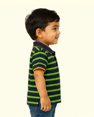 Navy & Green Striped Polo Kids T-Shirt with Graphic Print – Soft Cotton Summer Wear for Boys BloomUp