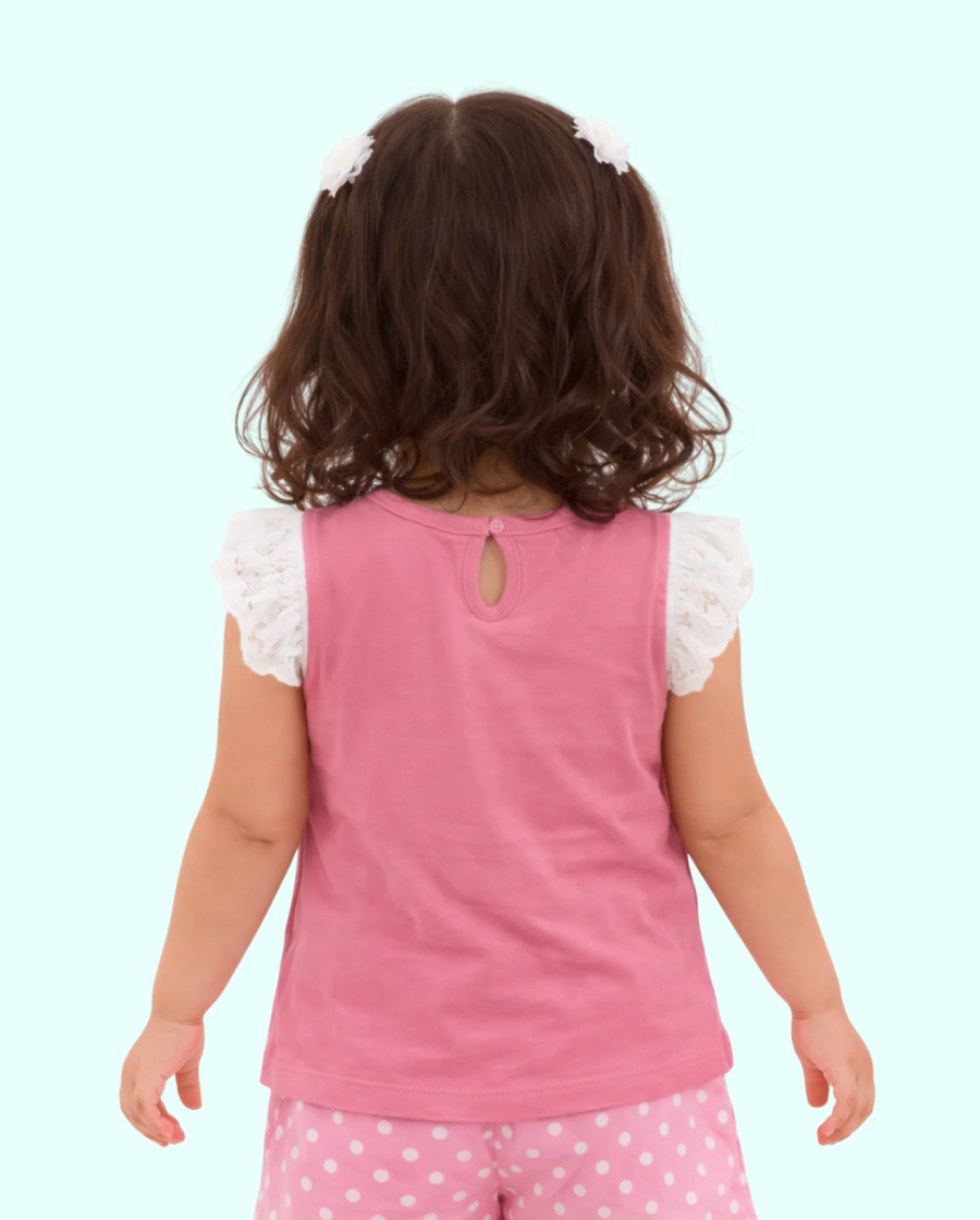 Pink “Love” Graphic Sleeveless Kids T-Shirt – Soft Cotton Lace Shoulder Summer Wear for Girls BloomUp