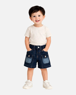 Kids Dark Blue Denim Cargo Shorts with Elastic Waist BloomUp