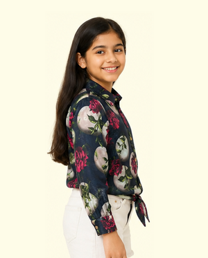 Girls Floral Printed Denim Shirt – Soft Cotton Full Sleeve Casual Kids Wear Top BloomUp