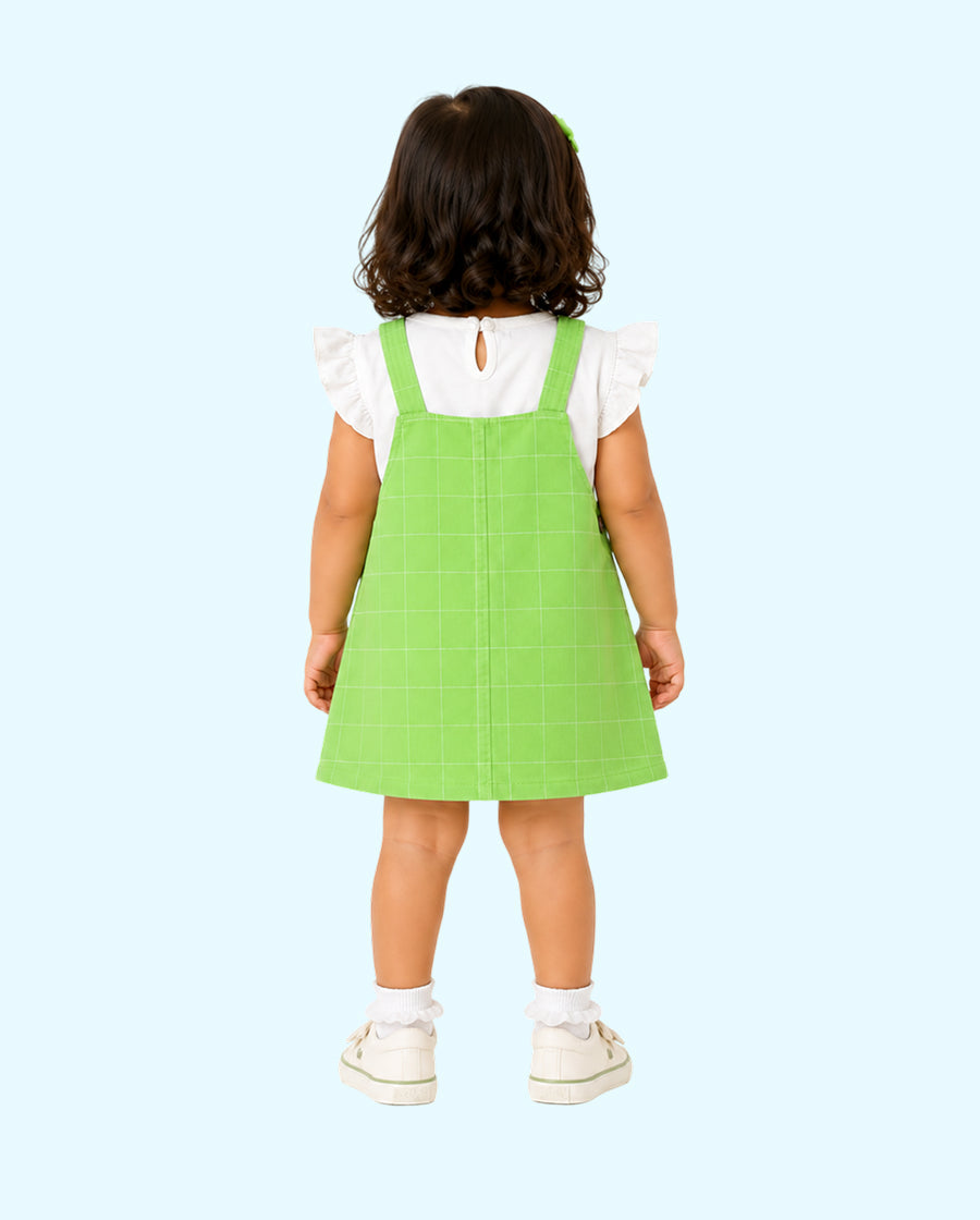 Baby Girls Lime Green Pinafore Dress Set with White Full Sleeve Top BloomUp